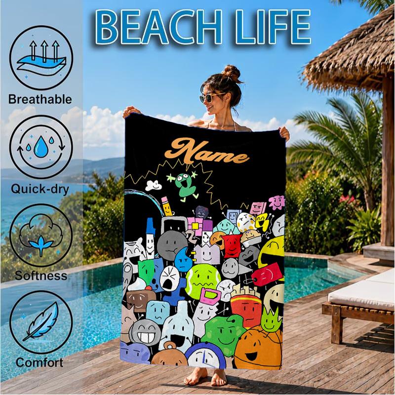 Custom Name Cartoon Dream Island Beach Towel Microfiber Beach Towel, Lightweight and Quick-Dry, for Summer Travel, Swimming Pool Gift