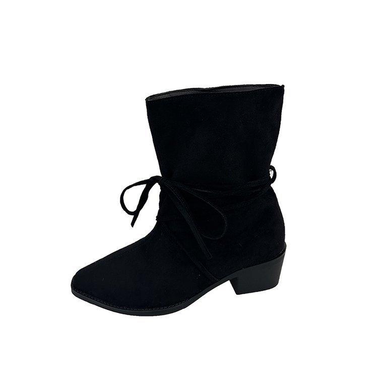 Vintage westernstøvler dame firkantet tupp moteriktig nisje stropper tynn tykk hæl ridestøvler allsidige korte støvler