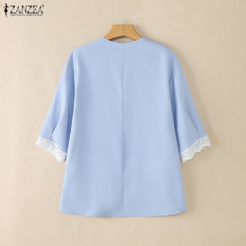 ZANZEA Women Casual Lace Patchwork V-Neck 3/4 Sleeve Blouse