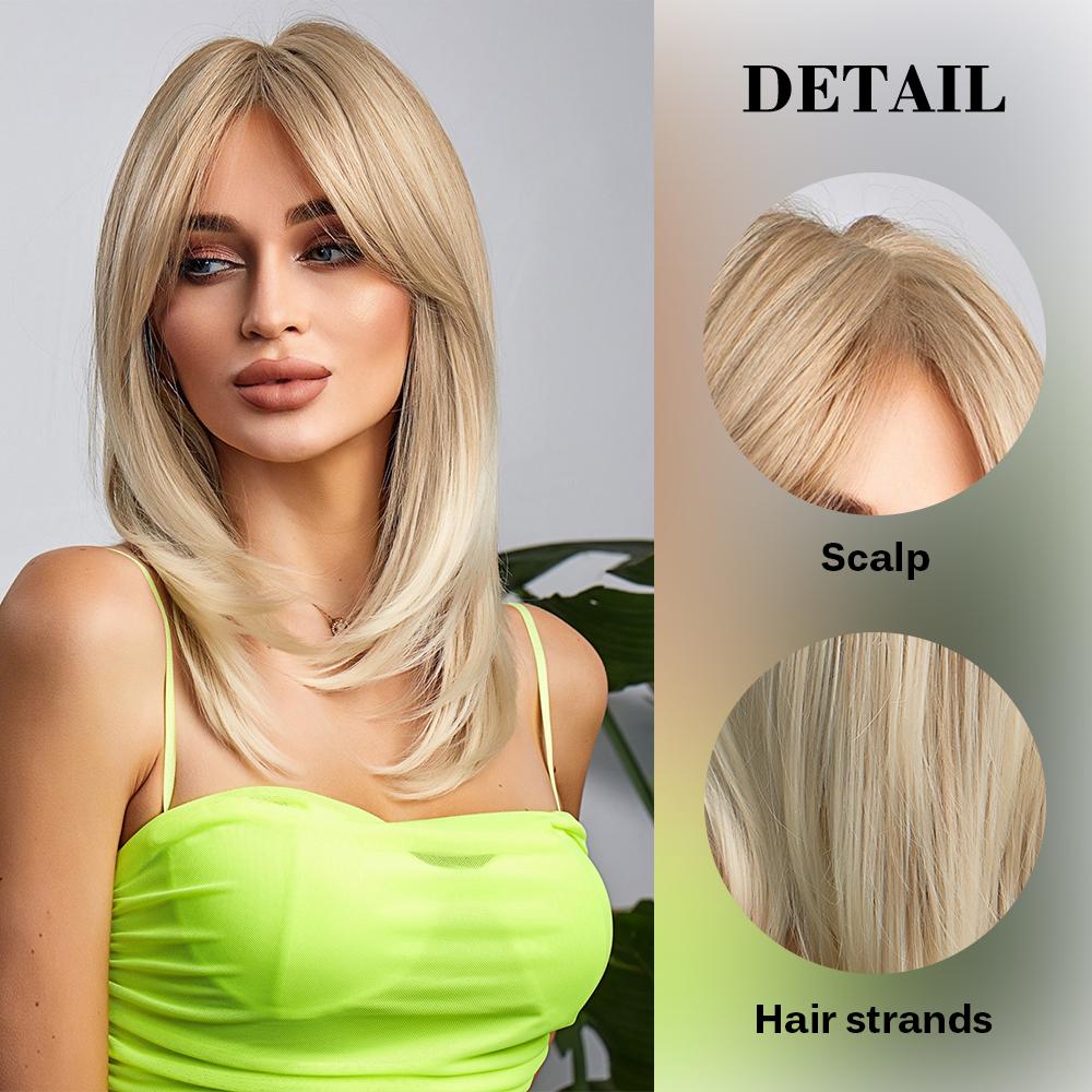 Natural Wavy Blonde Synthetic Wigs Medium Length Layered Hair with Side Bangs for Women Daily Party Cosplay Heat Resistant Fiber