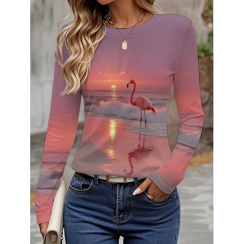 Womens Long Sleeve Crew Neck T-Shirt With 3D Flamingo Print Soft Milk Silk Fabric Loose Fit Casual 2025