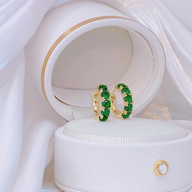 French Elegant Fashion Jewelry 14K Real Gold Plating Emerald Zircon Simple Round Earring Women's Halloween Girl Gift Accessories