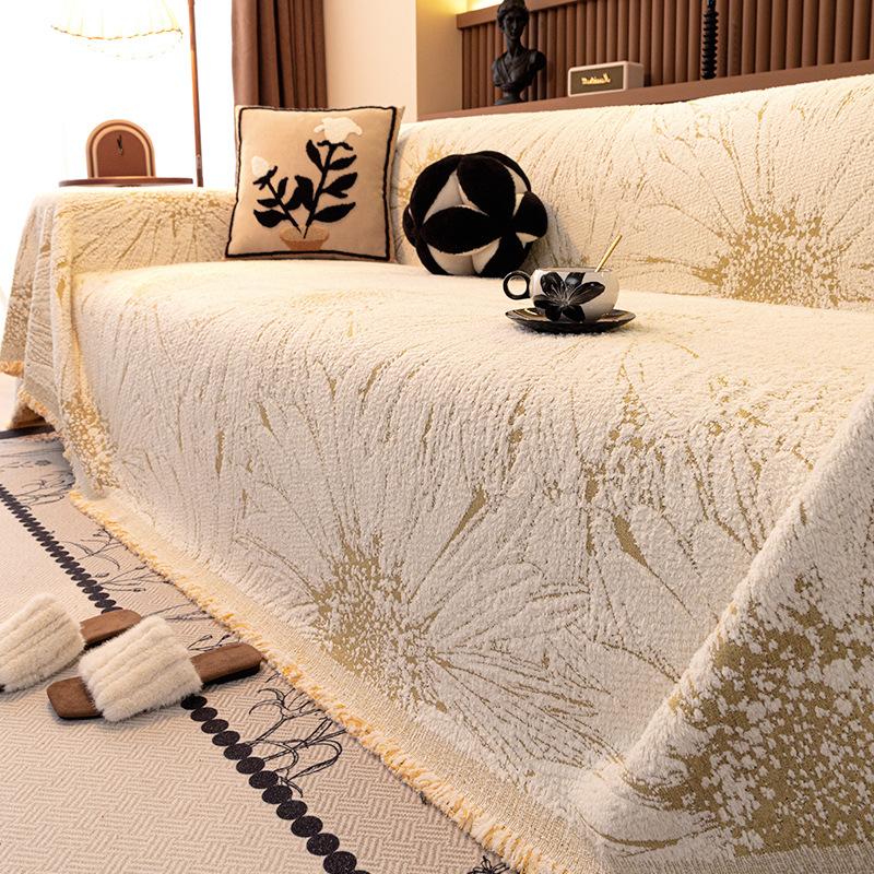 Half Fleece Flower Sofa Cover With Tassels Non Shedding Autumn Winter Sofa Blanket Towel Anti-Dirt Couch Cushion For Living Room