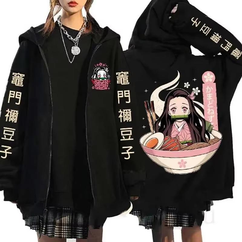 Japanese Anime Demon Slayer Zipper Jackets Sweatshirt Nezuko Kamado Mange Zip Up Hoodies Kimetsu No Yaiba Cartoon