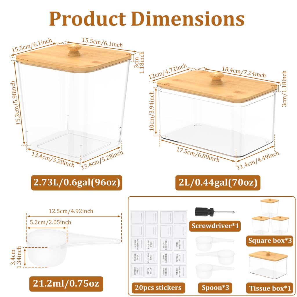3/4Pcs Laundry Powder Container PET Transparent Storage Box with Bamboo Lid and Spoon Dryer Sheet Holder Set Laundry Accessories