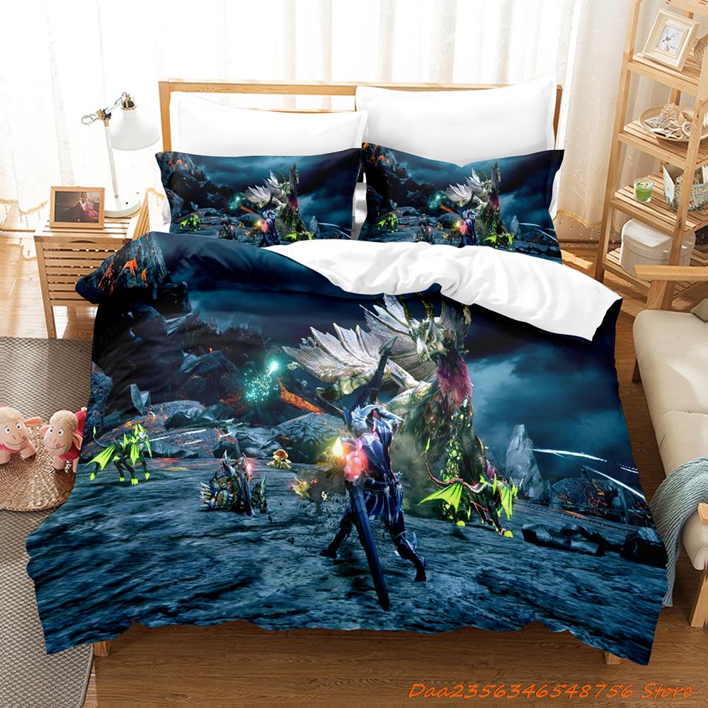 Comforter Personelity Monster Hunter Rise Bedding Set Cartoon Anime Three-Piece Set Adult Kid Bedroom Three-Piece Suits 3D Game Monst