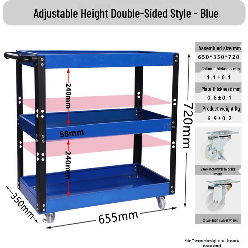 Adjustable 3-Tier Hand-Push Tool Cart for Auto Repair - Multi-Functional Mobile Workshop Storage.