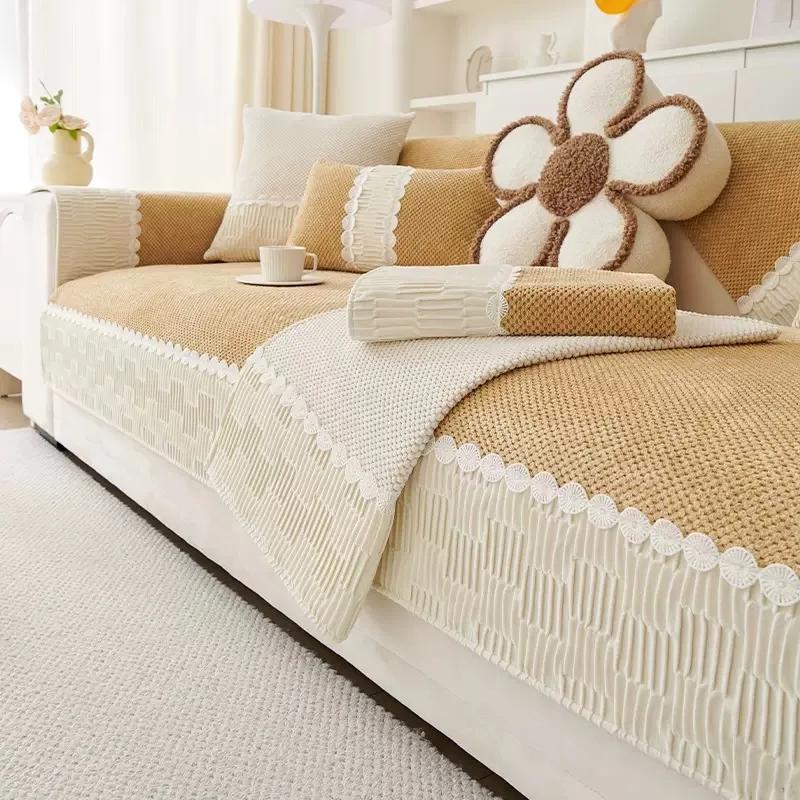 Winter Plush Couch Cushion Solid Color Splicing Sofa Cover Living Room Sofa Cushions Simple Non-Slip Sofa Backrest Armrest Cover