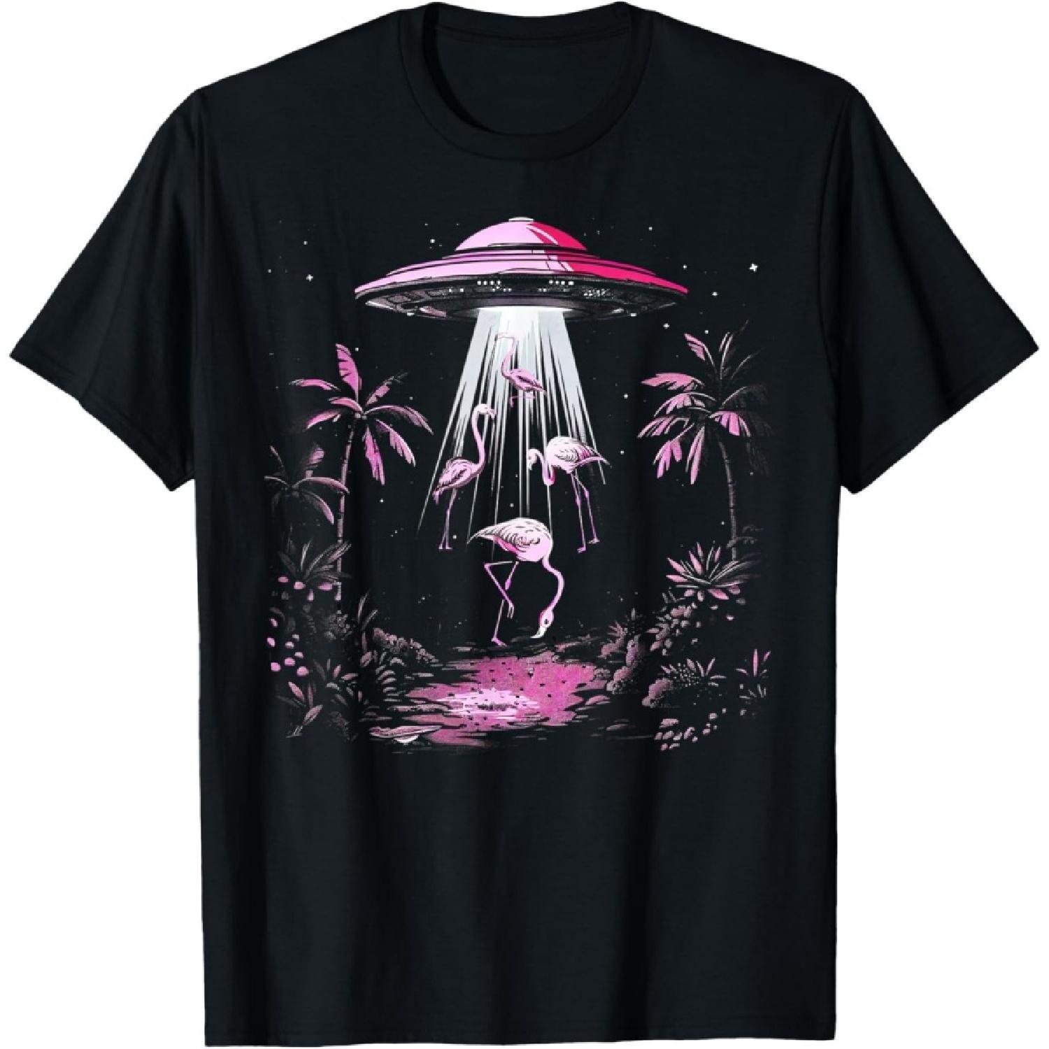 Flamingo Shirt Men Women Boys Girls Funny Alien Flamingo UFO T-Shirt S
