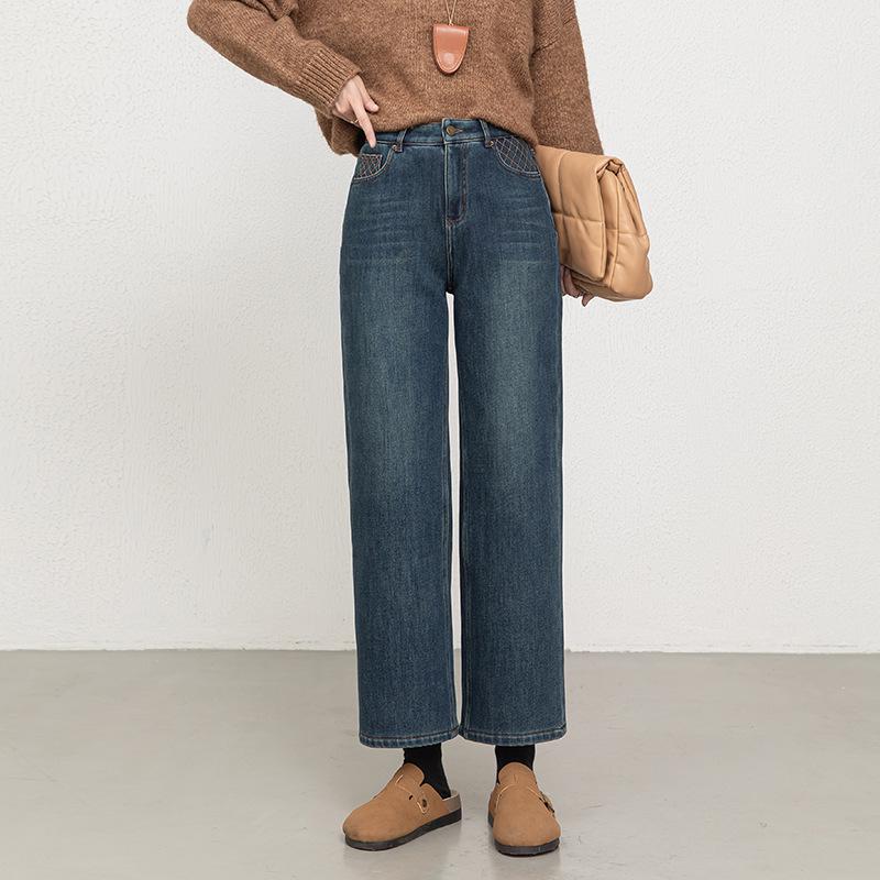 Korean High Waist Velvet Denim Wide-Leg Pants for Women - Winter 2025 Embroidered Straight-Leg Style 28
