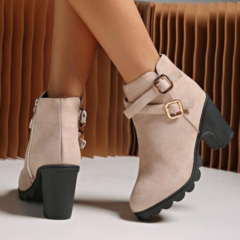 Fashion Women's Retro High Heel Ankle Boots Square Heel Woman Suede Leather Boots Female Round Toe Belt Buckle Platform Short Botines