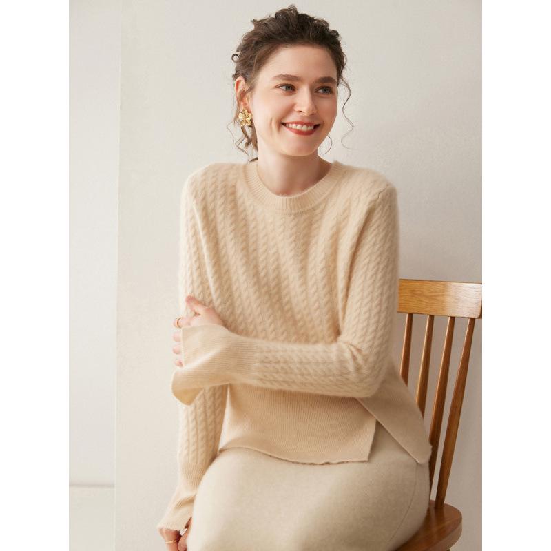 Women's Cashmere Round Neck Cable Knit Sweater - Thick, Loose Cuffs, Slit Design