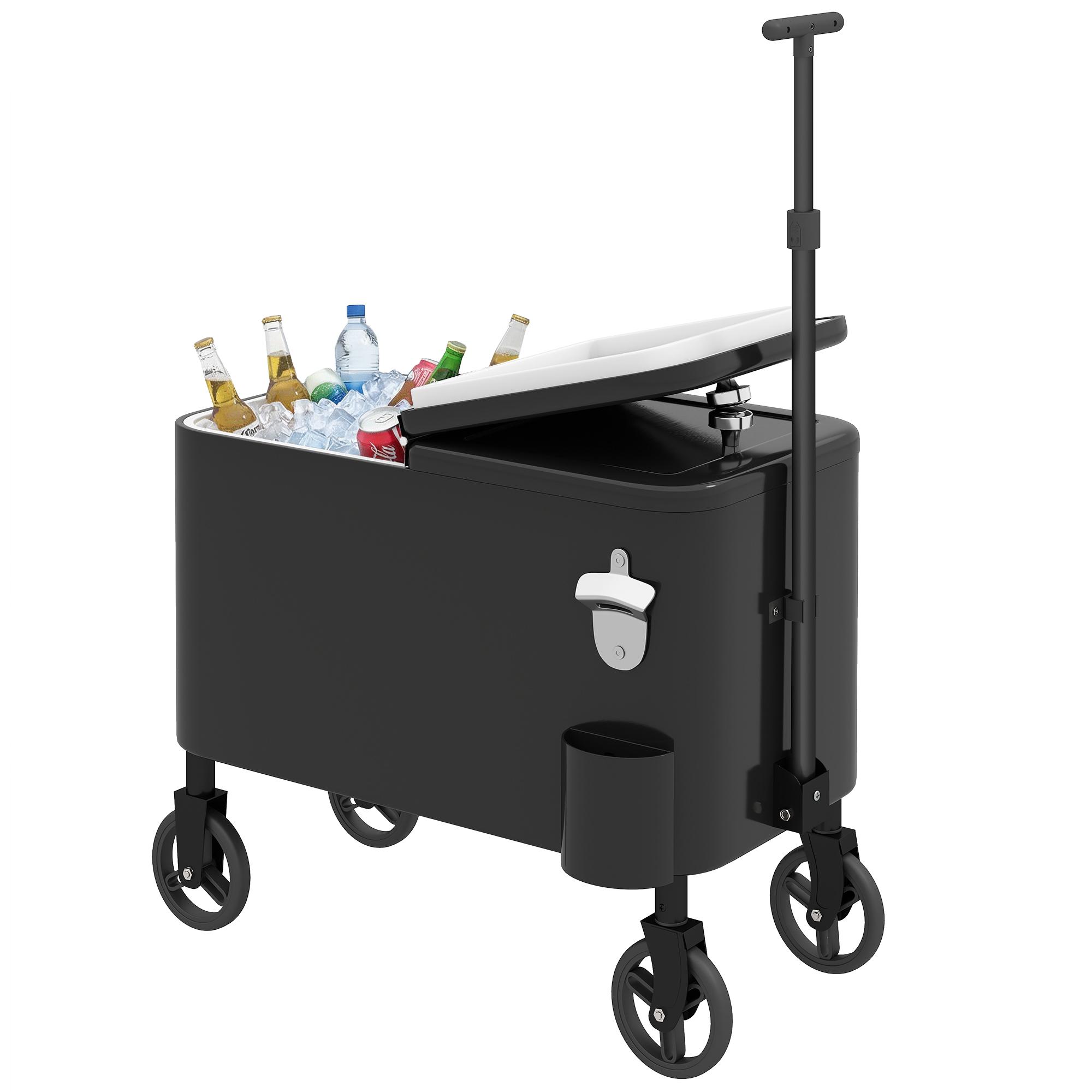 Chariot Glacière 56L Avec Roues Poignée Réglable Décapsuleur Collecteur de Bouchons Vidange et Poignée 75x35x120 Cm Noir