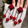 Red Velvet Rose Beaded Tassel Earrings - Bold Floral Bridal Wedding Accessories