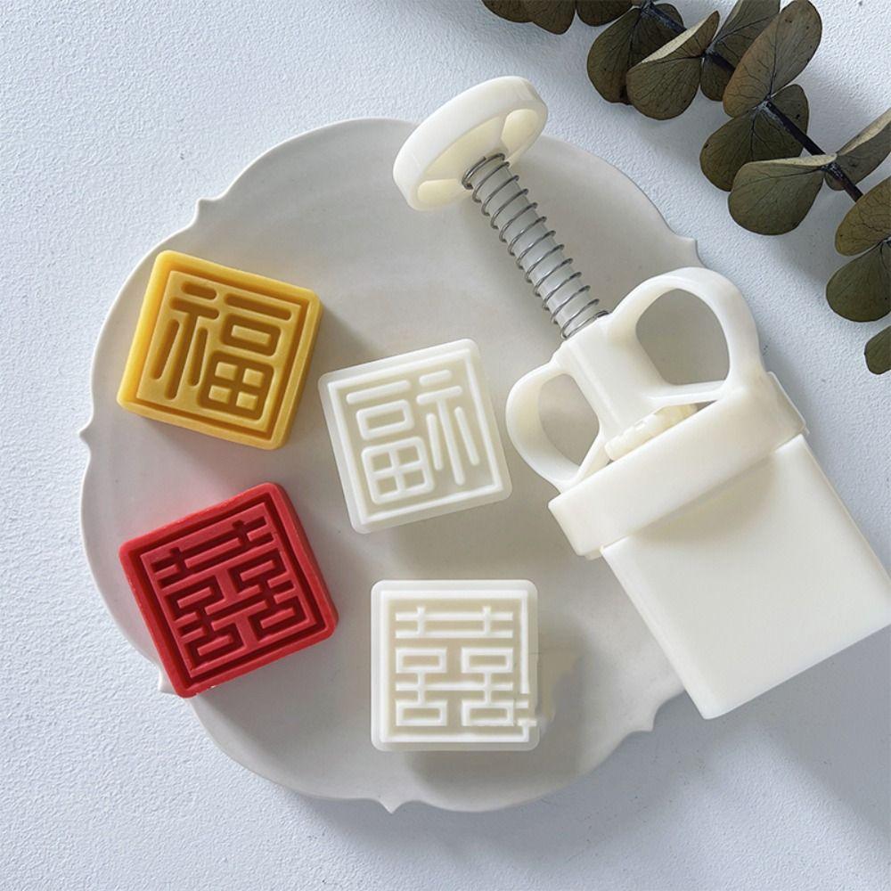 

4Pcs/Set ABS Plastic Blessed Cake Mold Hand Press Mooncake Mold Creative Wedding Cake