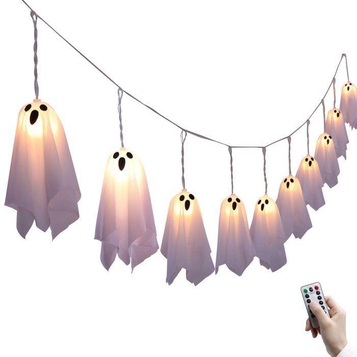 Guirlande lumineuse Halloween - AIMOONSA - 10 petits fantômes - LED - Télécommande - Boîtier à piles