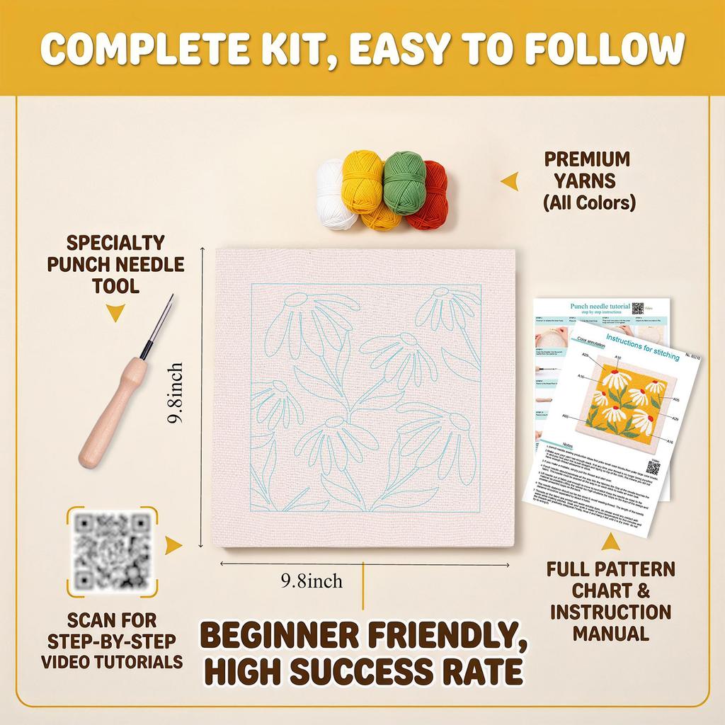 Complete Punch Needle Embroidery Kit DIY Craft Beginner Floral Animal Pattern Yarn Canvas Wall Art