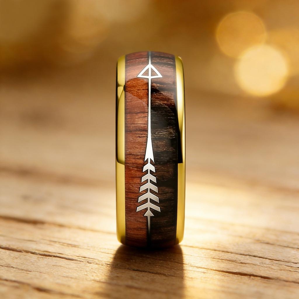 Fashion 8mm Gold Color Stainless Steel Rings for Men Women, Inlaid Arrow Hawaiian Koa Wood Rings, Men Wedding Band Jewelry