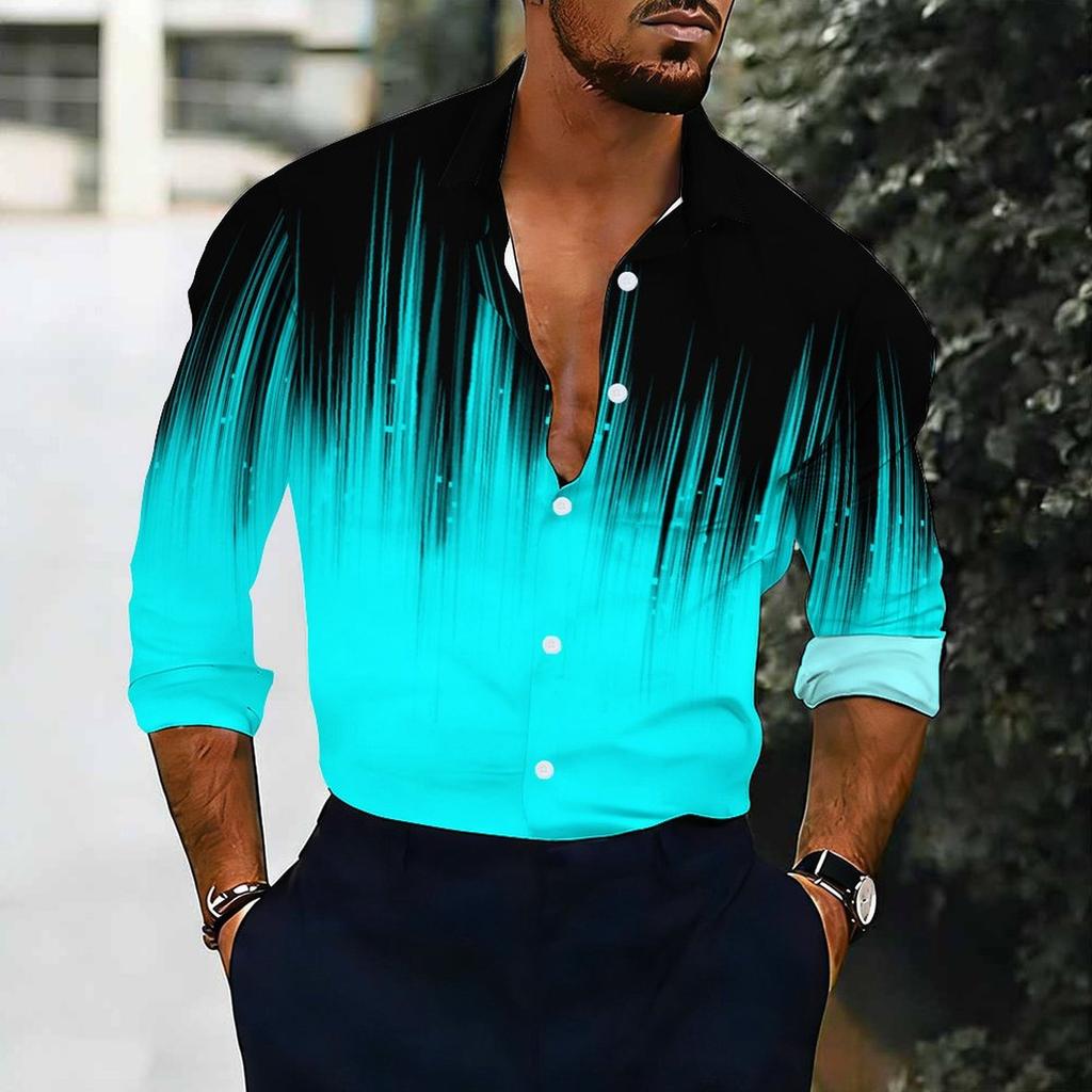 Men Collared Shirt Black White Gradient Vertical Line Splash Print Long Sleeve Button Down Top
