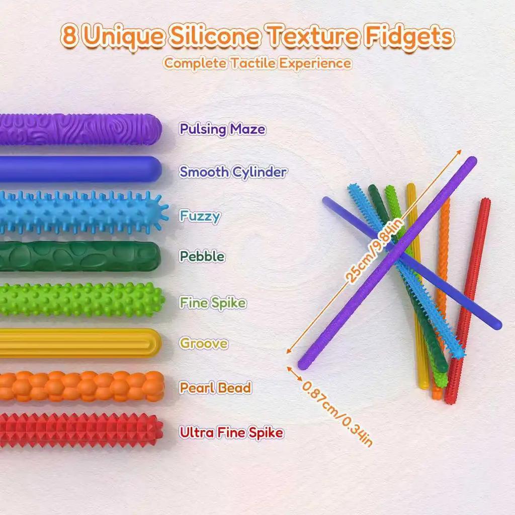 8PCS Flexible Silicone Textured Fidget Toys For Kids Adults Anxiety Relief Stress Sensory Toy Fine Motor Skills Christmas Gifts
