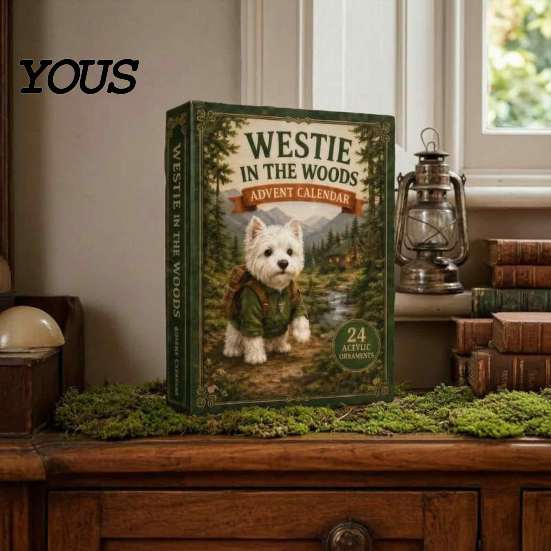 Linda Decoración Navideña para Cachorros Westie en el Bosque Calendario de Adviento, Calendario de Cuenta Atrás Navideño de 24 Días para Niños Set de Figuras de Perros, West Highland