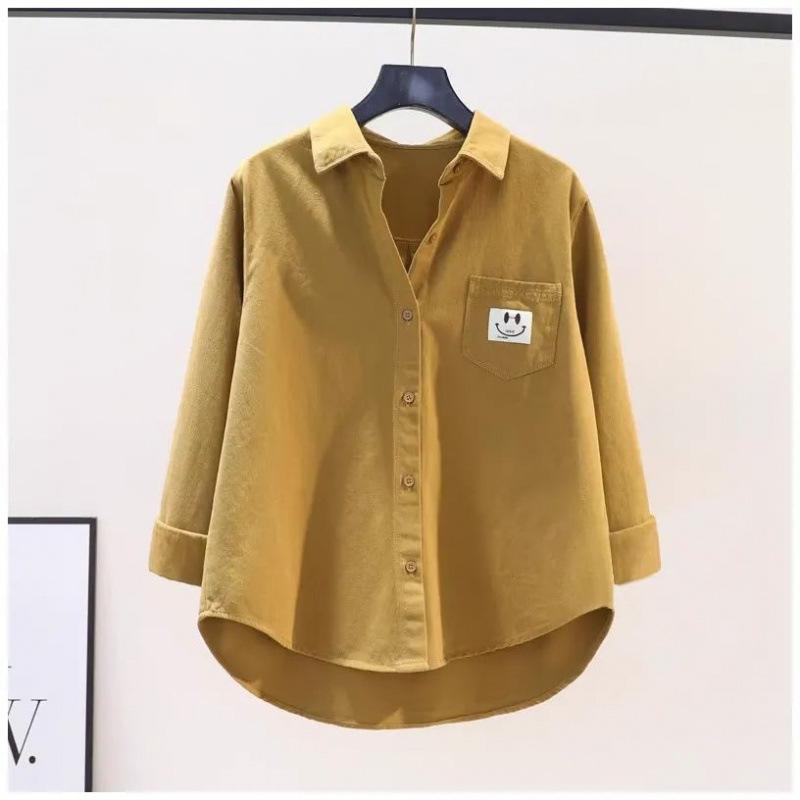 Smiling Pocket Shirt, Women's Long-sleeved Loose Casual Shirt, Women's Autumn and Winter Versatile Brushed Cardigan Top