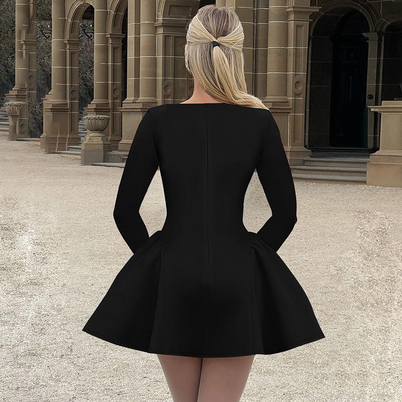 European and American Style Women's Clothing Temperament Round Neck Autumn and Winter Slim Fit Solid Color Dress for Women