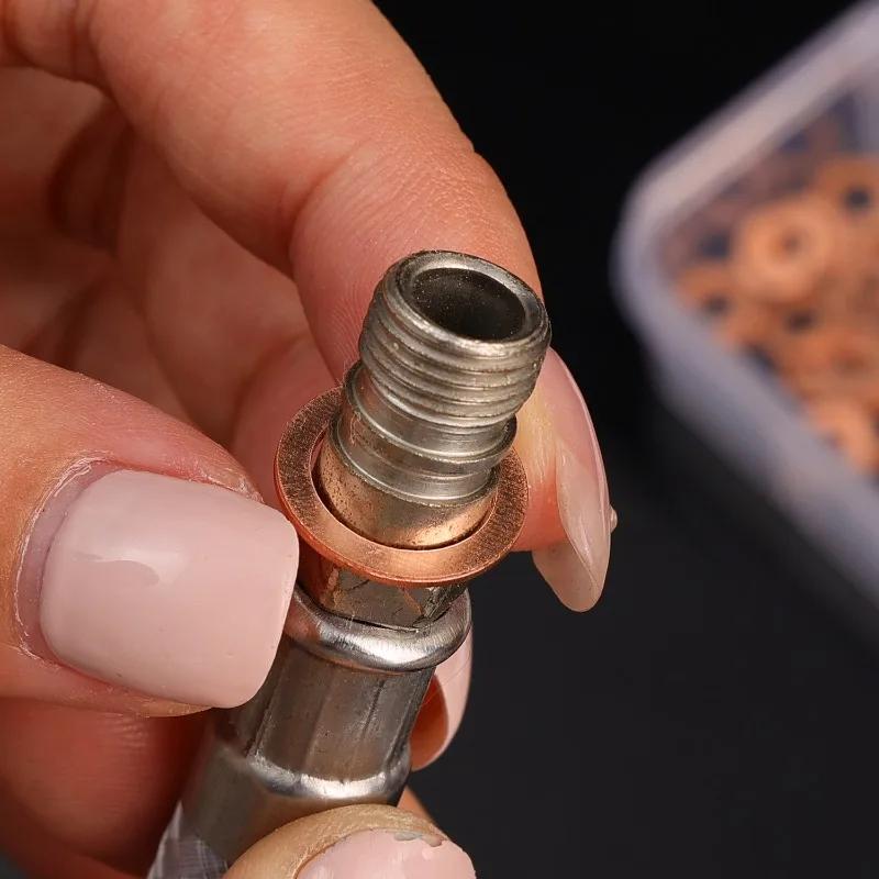 100pcs Red Copper Oil Drain Plug Gasket Kit M4-M14 Universal Car Engine Oil Pan Leak Prevention O-Ring Sealing Washers Auto Part