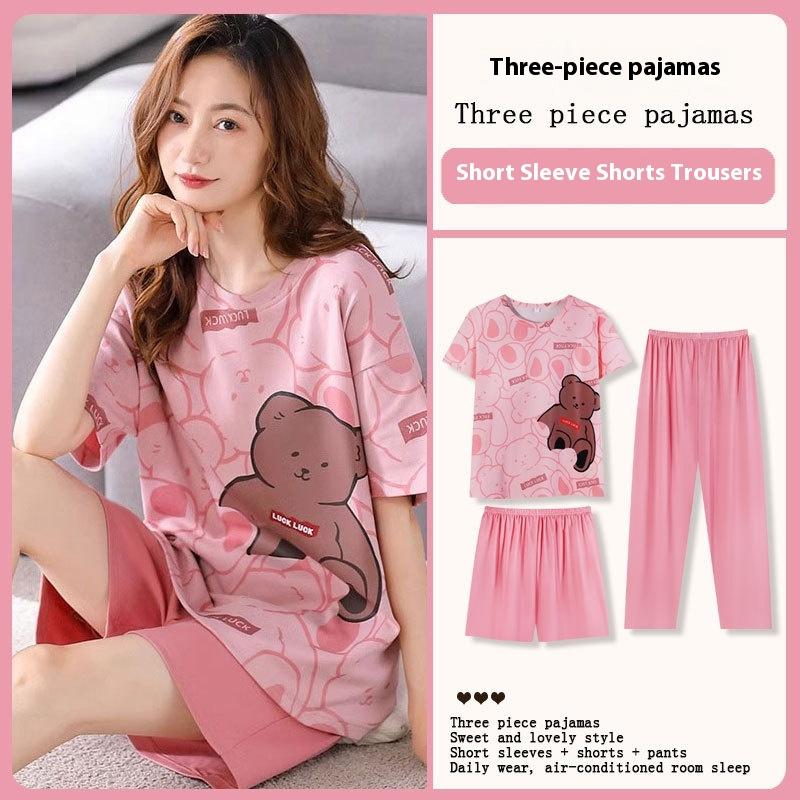 Women's Three-piece Pajamas, Women's Students Short-sleeved Recreational Sports, Spring and Summer Loose Pajamas