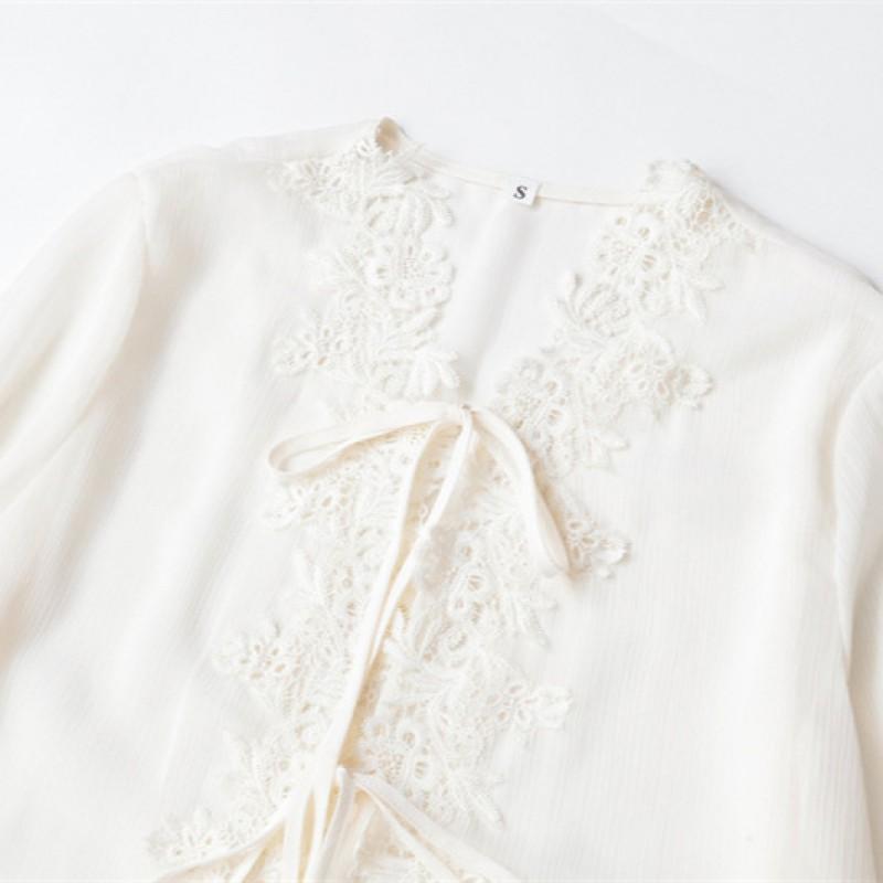 2026 Streetwear Lace Patchwork Loose Fit Long Sleeve Shirt Women - Round Neck Button Front Casual Top