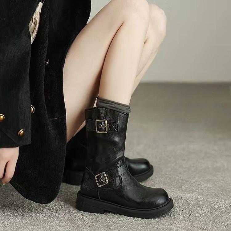 2025 autumn and winter new thick low heel round head side zipper medium boots boots adjustable western boots