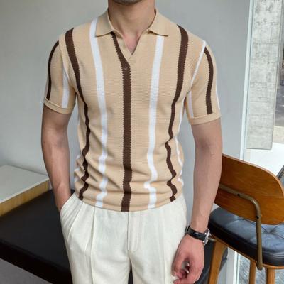 Yousheng Herren Gestricktes Poloshirt Kurzarm Geripptes Strick-T-Shirt Atmungsaktiv Gestreiftes Lässiges Golf-Shirt für den täglichen Gebrauch Street Work