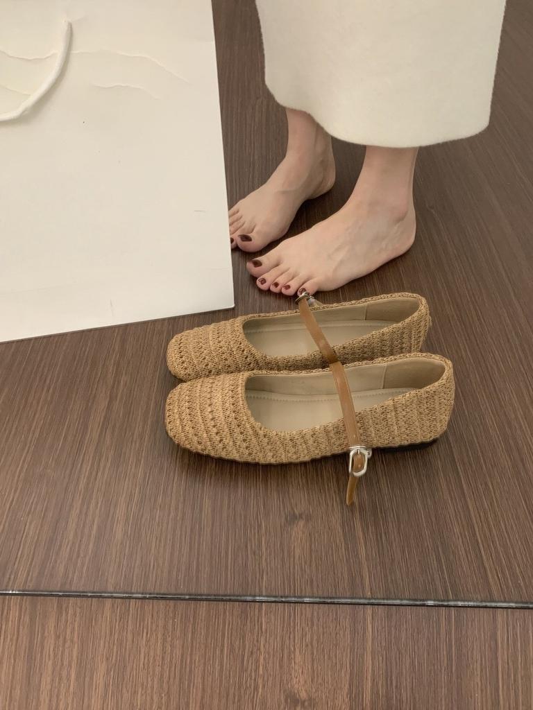 Late Evening Wind Woven Square Head Flat-soled Single Shoes Women's Shoes 2025 New Retro One-word Buckle Mary Jane Ballet Shoes