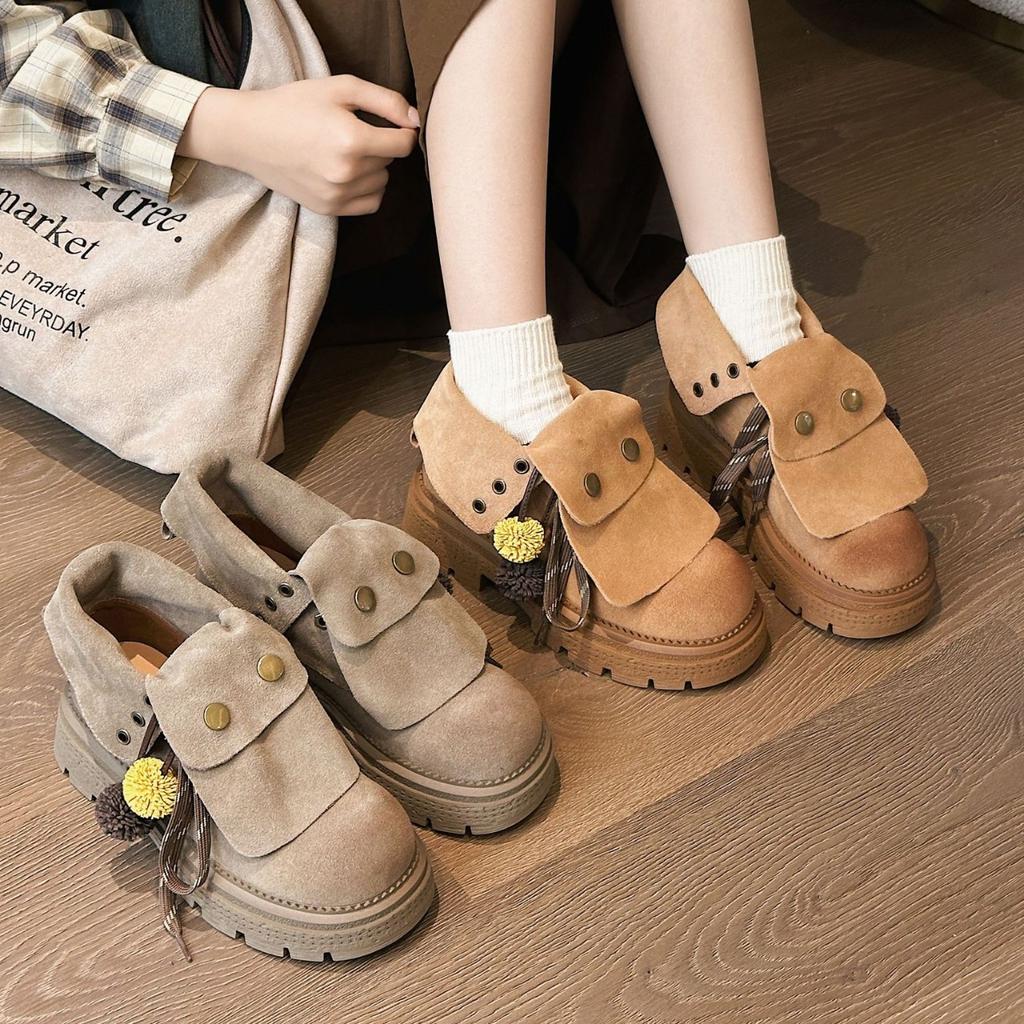 Fashion Autumn Faux Suede Ankle Boots Women Retro Thick Bottom Platform Boots for Women Fashion Lace Up Leather Biker Boots Botas Mujer