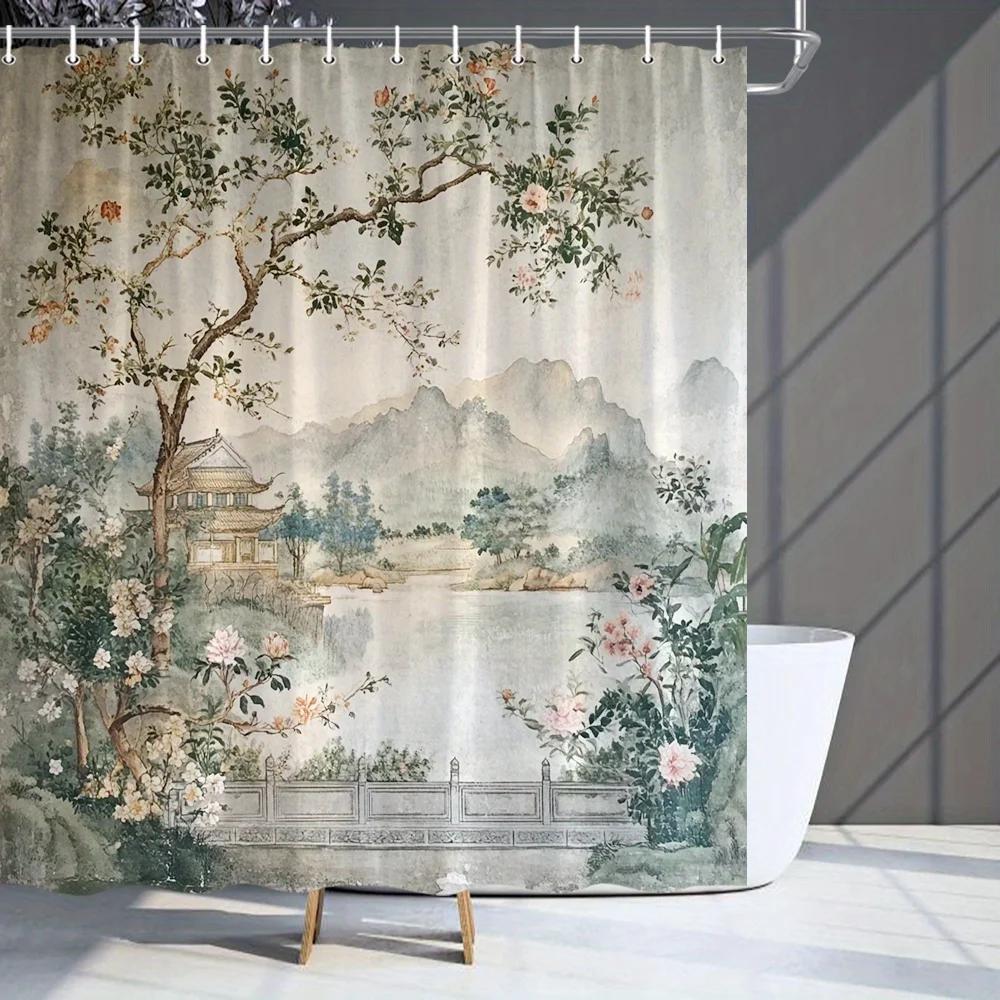 1pc Scenic Waterfall Forest Mountain Shower Curtain - Traditional Chinese Landscape Art with Blooming Flowers & Misty Mountains,