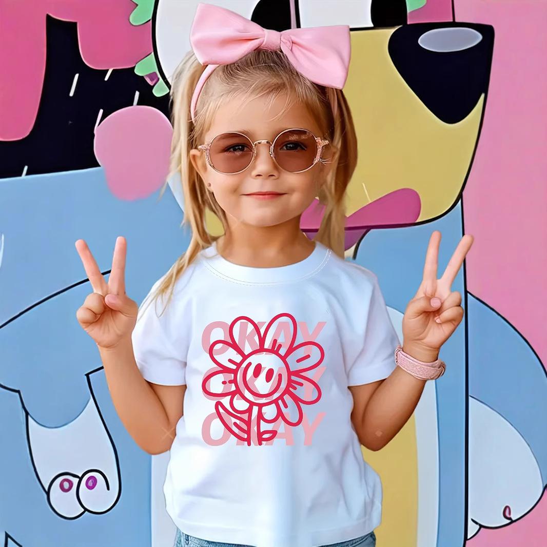 

Girls Casual OK Letter and Flower Pattern T-shirt for Summer, Children s Fashionable Short-sleeved T-shirt 1-2Y белый