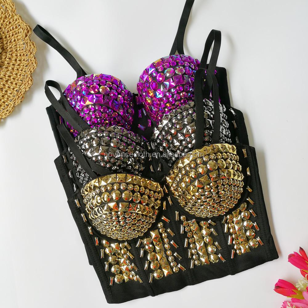 NOVANCE Latest Fashion Lingerie Glitter Straps With Chest Pads Bling Crop Top Corset Stage Performance Women's Beaded tank Top