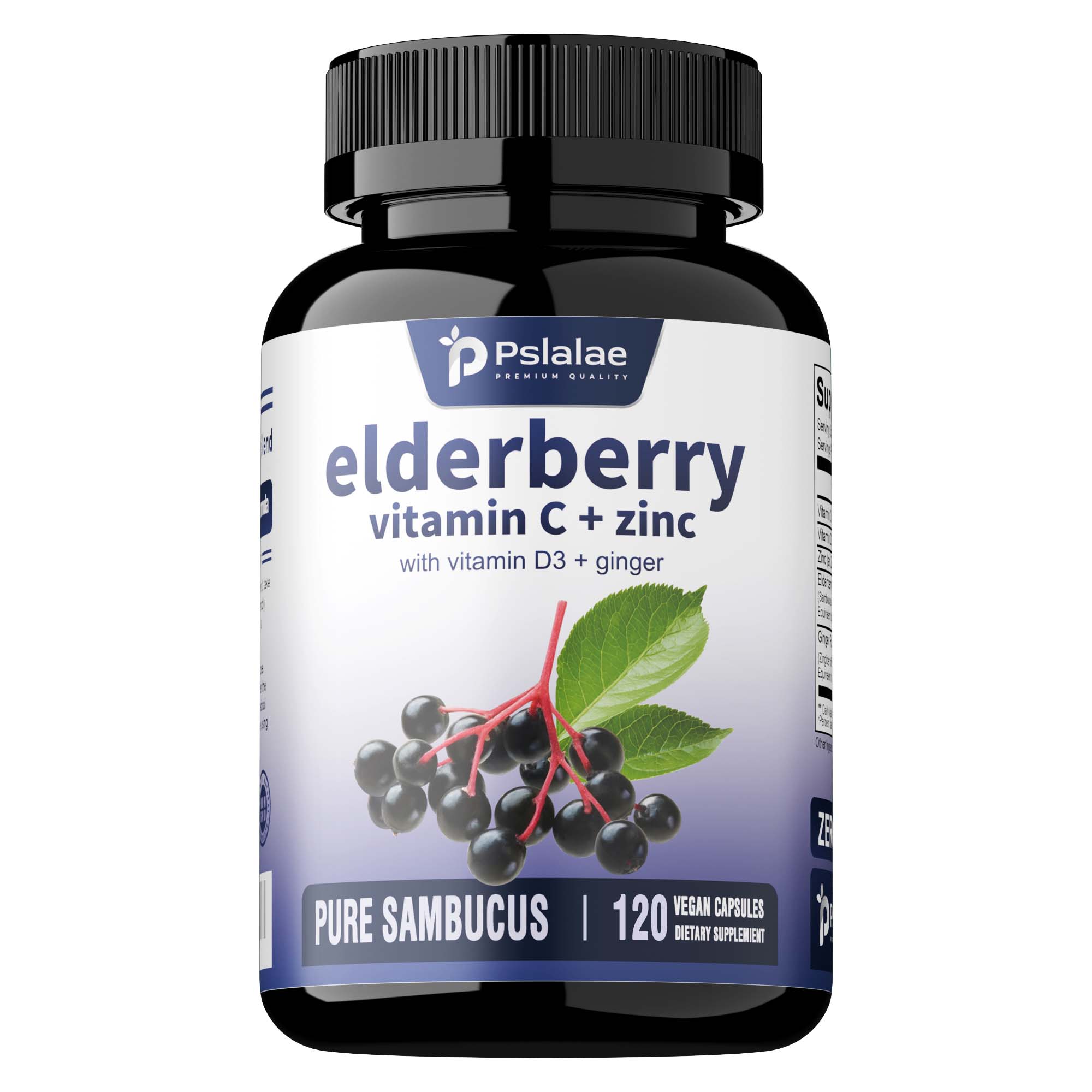 

Pslalae Elderberry Capsules, enriched with a blend of Vitamin C and zinc, suitable for adults, nutritional supplement. 120*1
