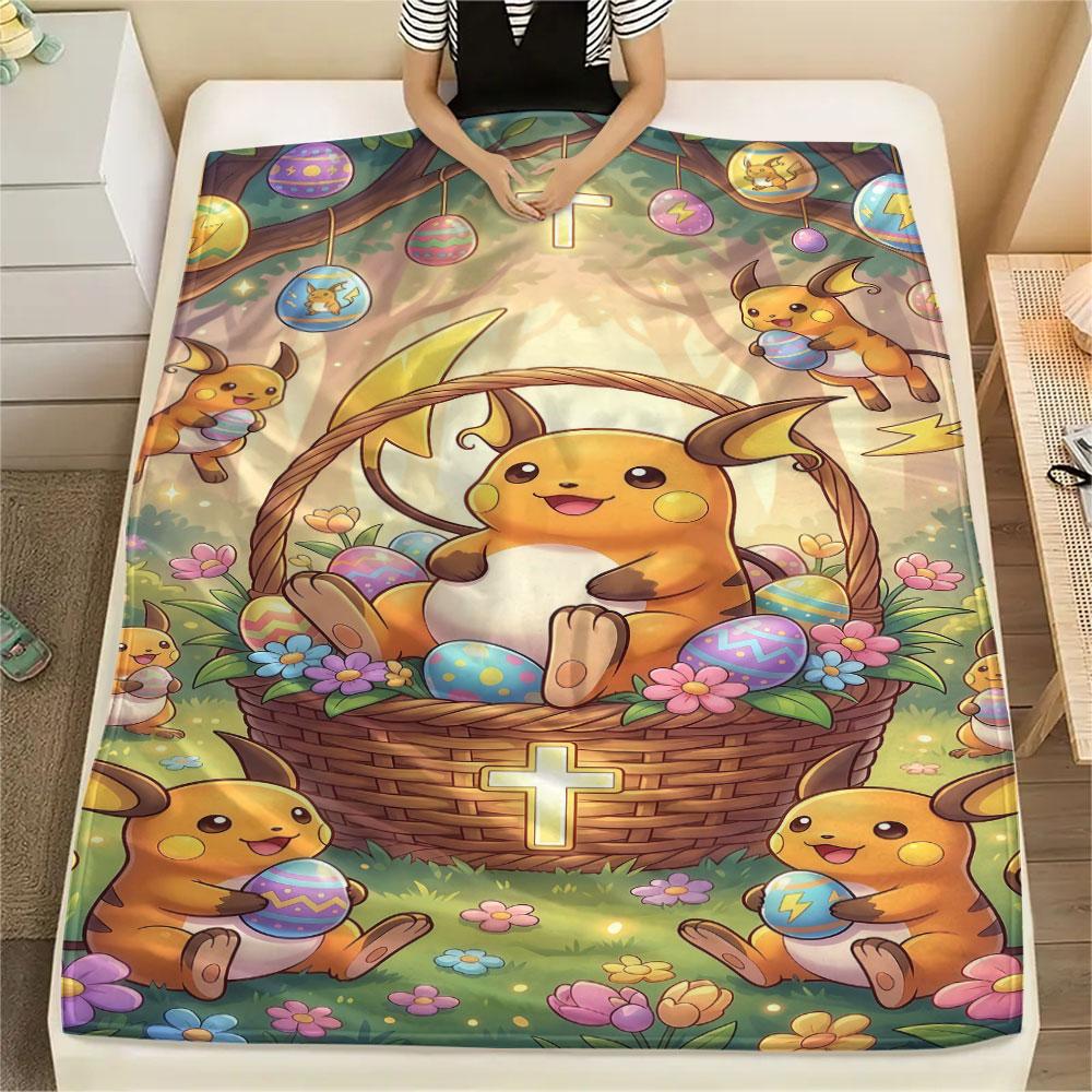 1Pc Easter Pokemon Print Flannel Blanket, High quality Comfortable for All Seasons, Home Decor, Warmth and Comfort, Perfect for Christmas Gifts