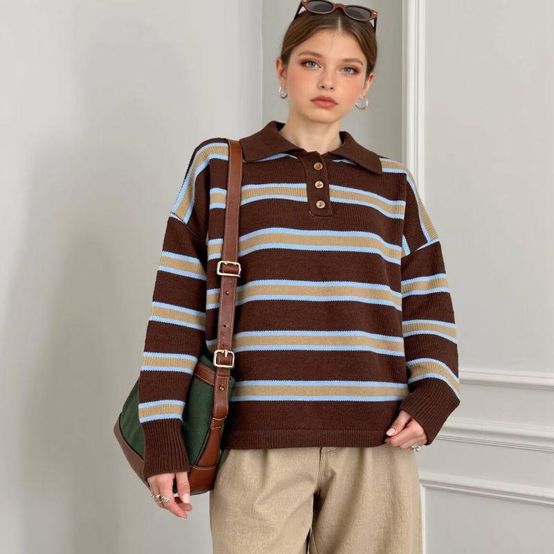 Za Autumn and Winter New Arrivals Women's Clothing Zr European and American Style Fashionable Color-Block Striped Lapel Sweater Loose Knit Top