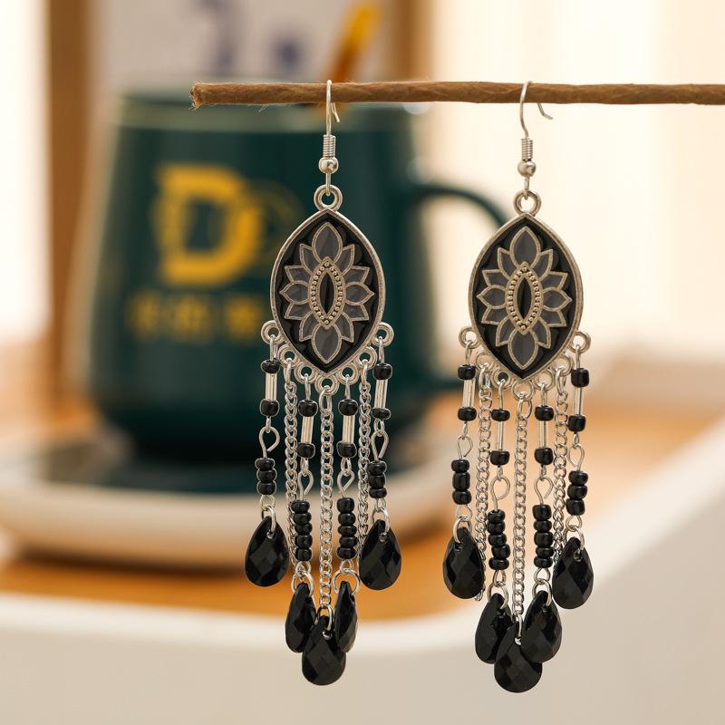 Bohemian Enamel Flower Water Drop Earrings for Women Ethnic Vintage Multicolor Beaded Long Earrings Vacation Daily Jewelry