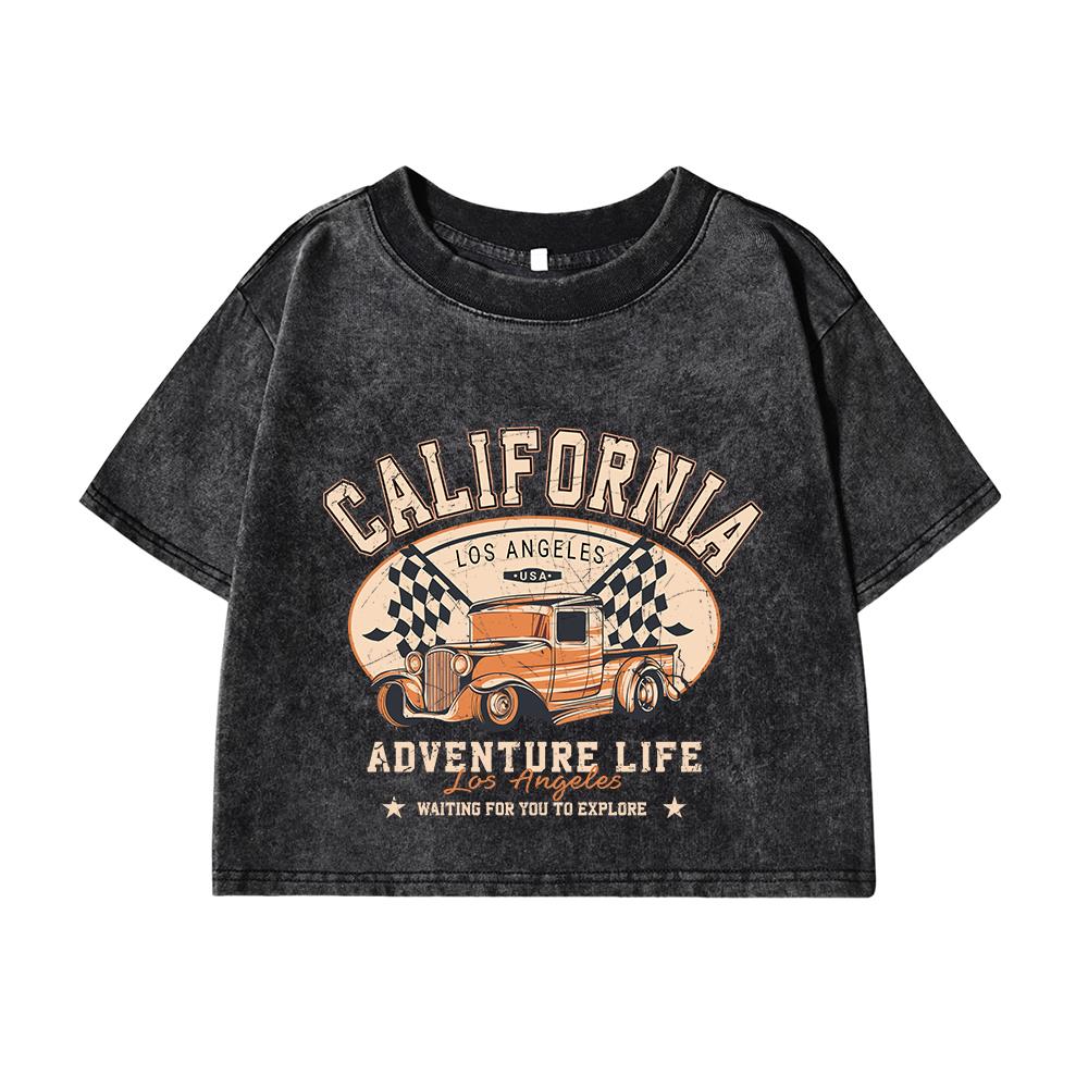 Women's Cotton Crop Tops Trend O-Neck Distressed Washed T-Shirts California Los Angeles Printing Street Clothes