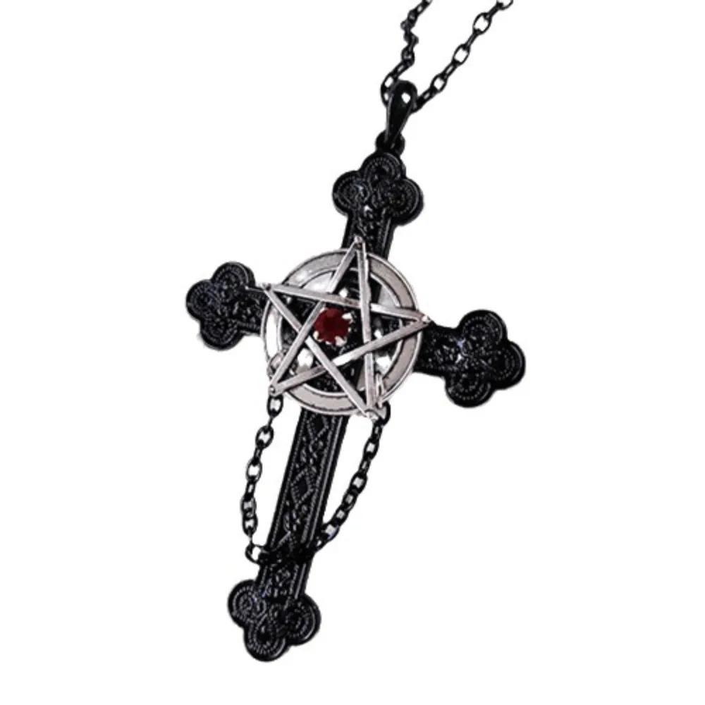 Gothic Dark Five-pointed Star Cross Relief Pattern Red Zircon Pendant Necklace for Women Men Hallowmas Punk Fashion Jewelry Gift