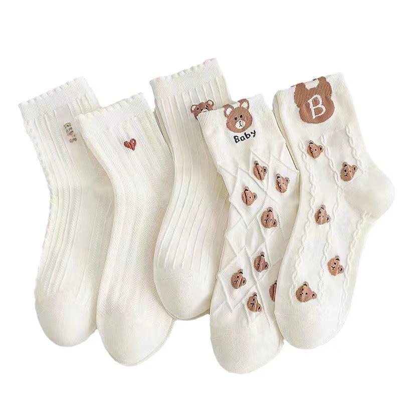 5/10 Pairs Women Round Neck Socks High Quality Autumn Winter Cute Cartoon Breathable Fashion Socks Women Soft Medium Tube Aocks