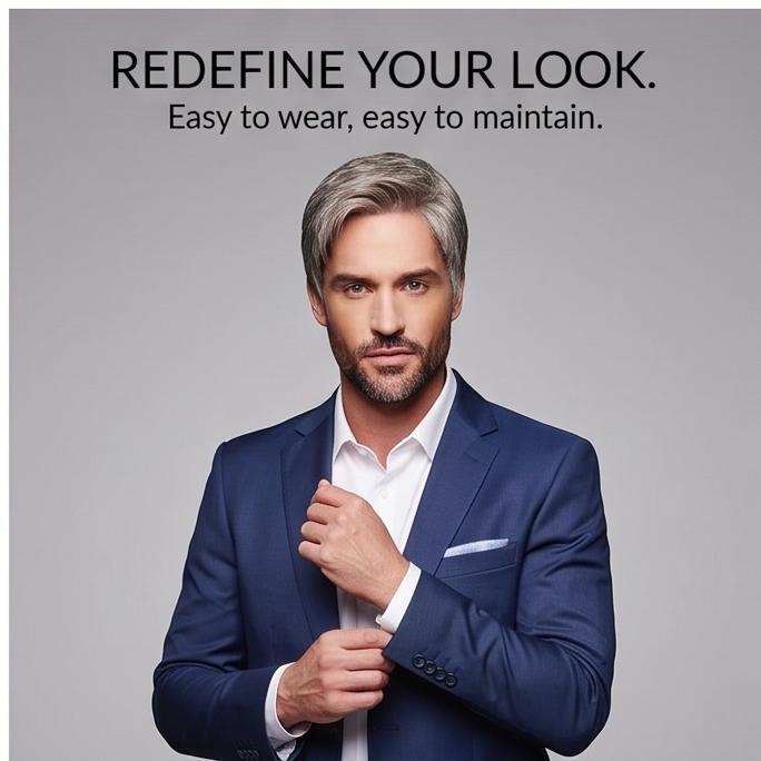 Men’s Grey Short Fluffy Side-Part Synthetic Wig, Adjustable Breathable Cap, Natural Look for Daily & Casual Occasions