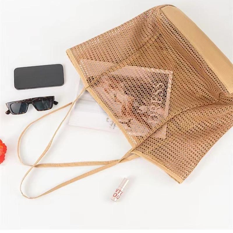 1pcs Mesh Beach Bag  Women's Shoulder Tote Bag  Large Capacity Foldable Mesh Swim Bag with Pocket Bag