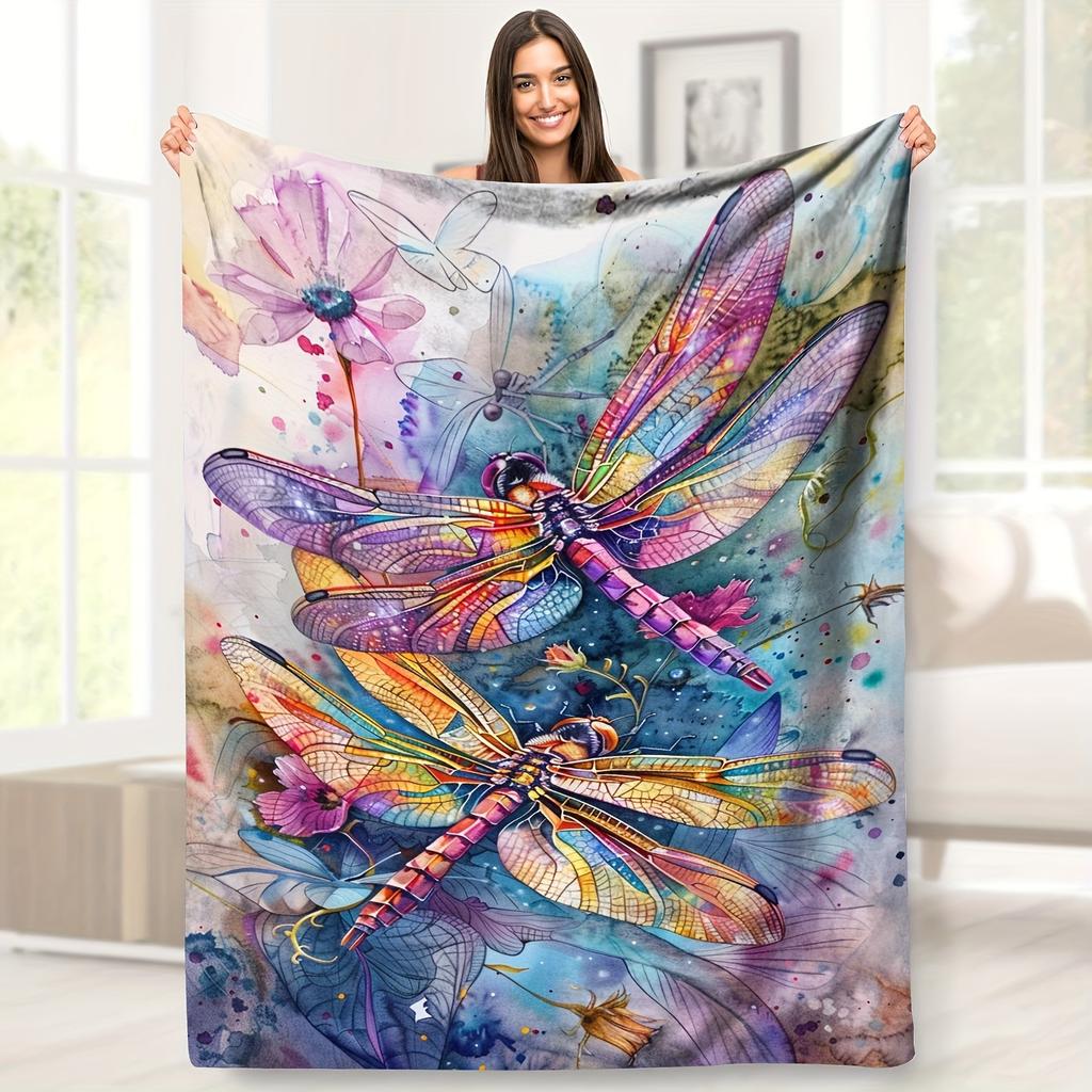 Coastal Style Dragonfly Pattern Throw Blanket, Vibrant Animal Themed Soft Flannel Fleece, All Seasons Knitted Blanket with Uniqu