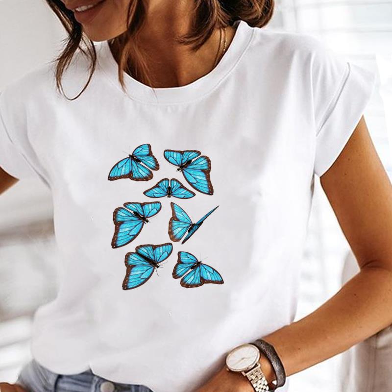 (Europäische Größe) Schmetterling T-Shirt Oberteil Aquarell Süß O-Ausschnitt Kleidung Mode T-Shirt Lässig Kurzarm Damen Druck Dame Weiblich Grafik T-Shirt