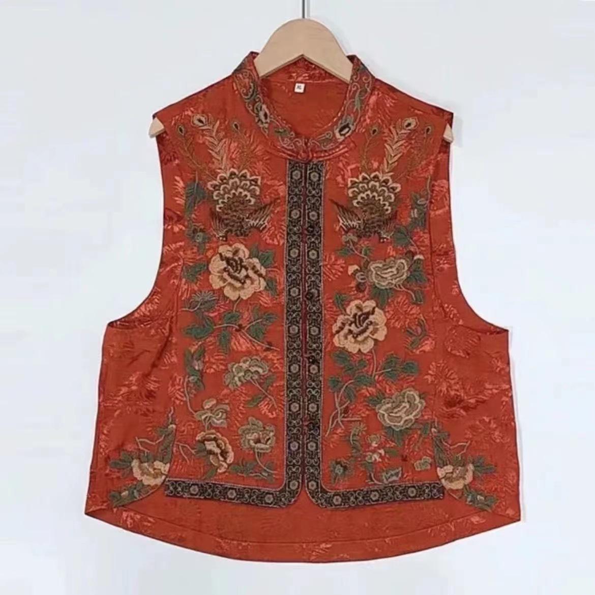 Весенне-летняя китайская этническая вышитая льняная жилетка со стойкой - Национальный стиль ретро безрукавка кардиган 3XL (135-155 lbs)