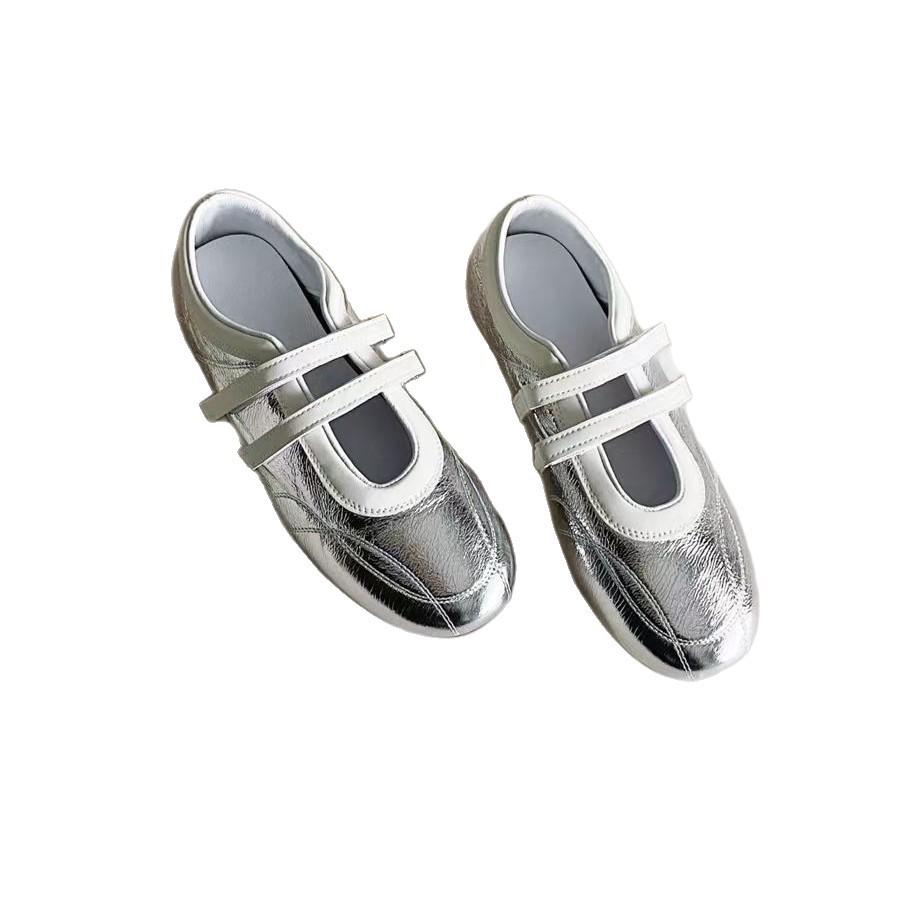 Sheepskin inner height-increasing women's shoes silver Velcro Mary Jane shoes versatile round head casual shoes women's flat ballet shoes